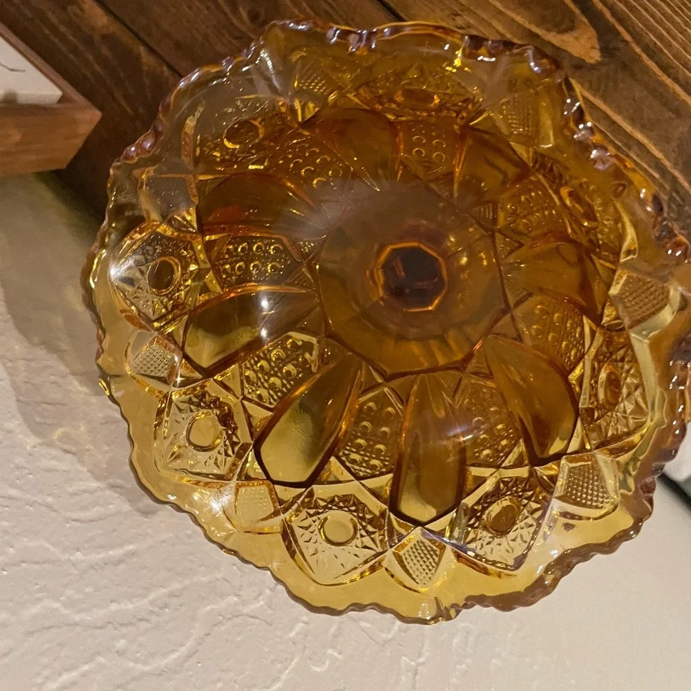 LE Smith Compote Candy Dish Amber Glass Vintage Heritage Hobstar Cane‎ & Arch